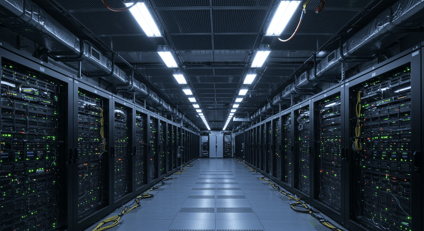 Data center with rows of servers and network equipment